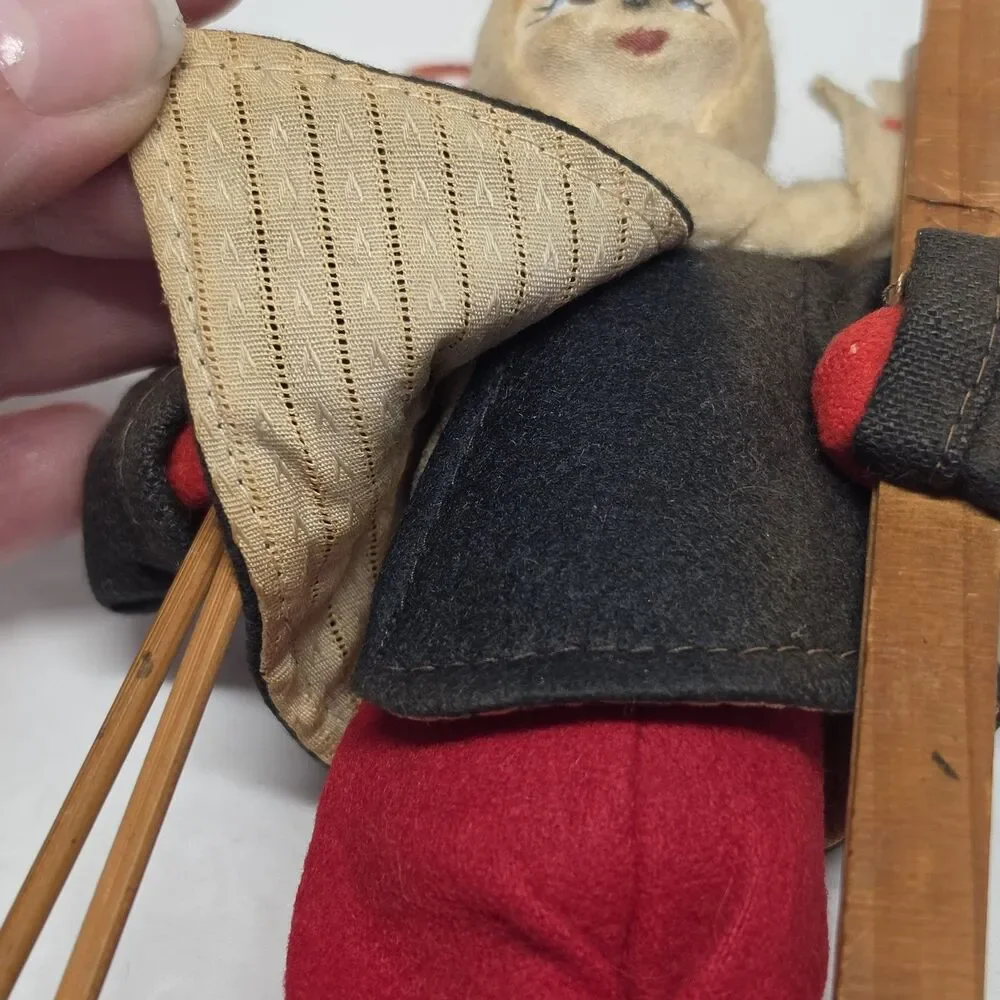 Vintage MCM Roldan Klumpe Spain Skier Felt Cloth Doll Wood Skis & Poles AS IS